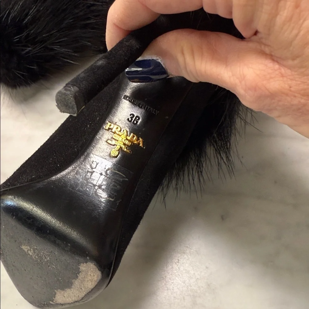 Prada Fur Trim Stiletto Heel Pointed Toe Bootie Size 38